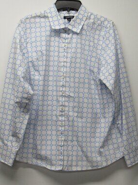Lands End No Iron Supima White Blue Geometric Print Blouse Shirt Top Plus sz 16W